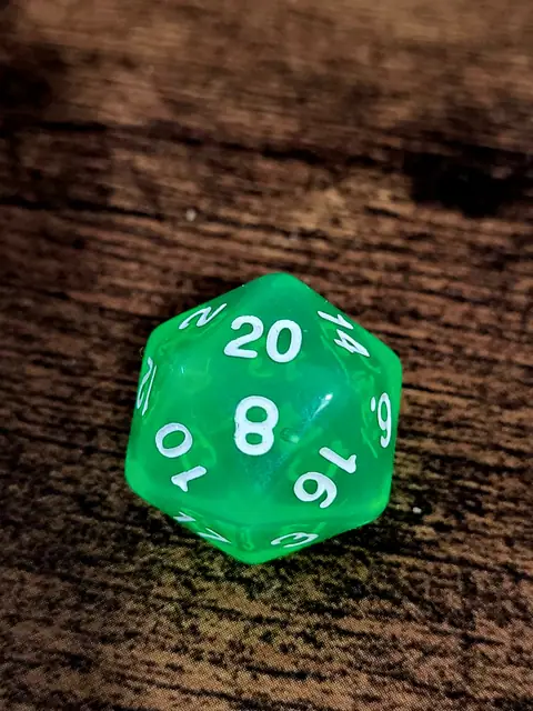 A bright green twenty-sided die (d20)